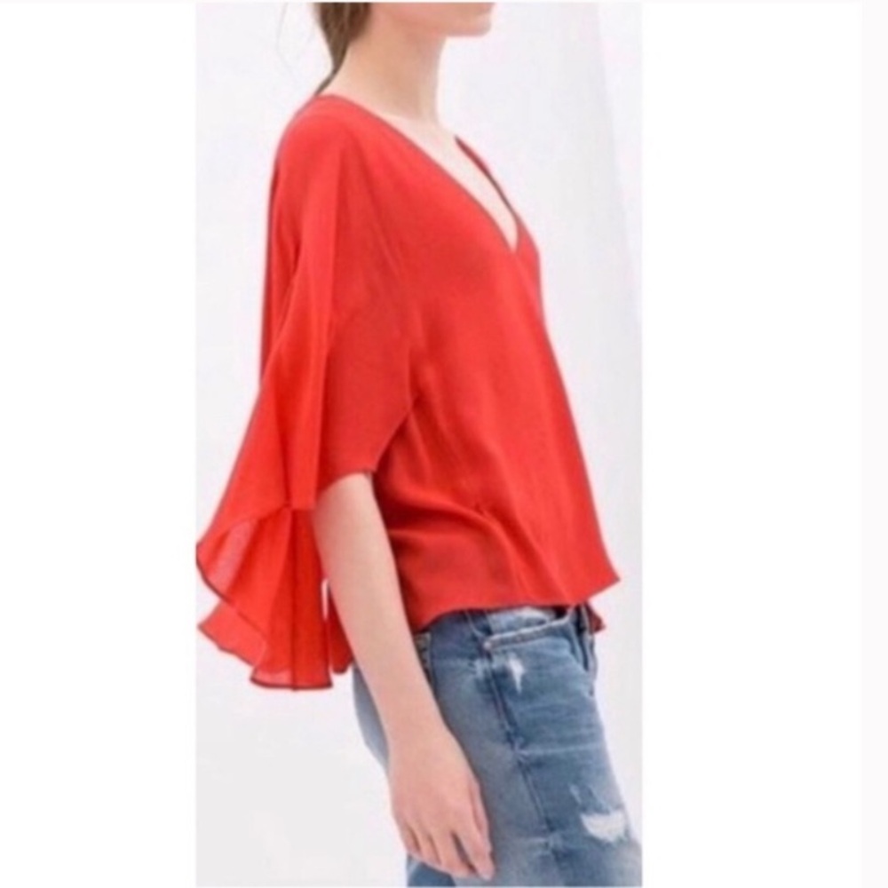 NWT ZARA Coral Orange V-Neck Flutter Batwing Top